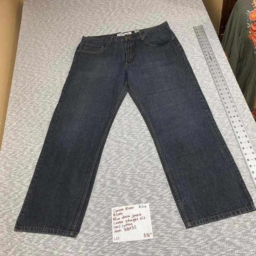 Canyon River Blues blue denim jeans loose straight fit men 38X32. SKU-A216#denim